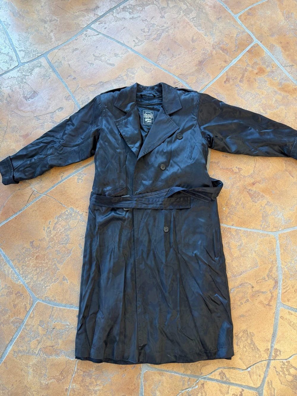 Vintage 80s Foxrun Women’s Black Paisley Trench Coat Belted Button Closure L